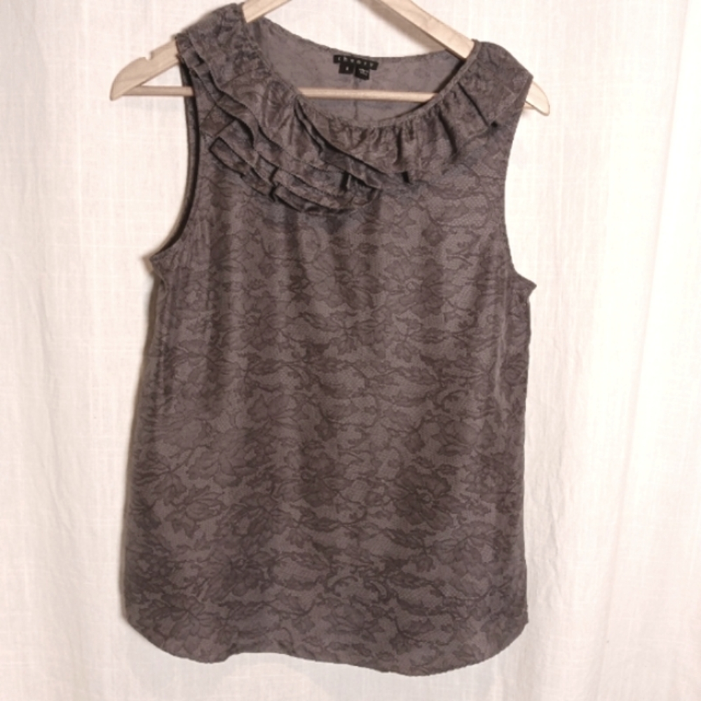 THEORY Tinker Chantilly 100% Silk Sleeveless Top Gray Lace Floral Pattern